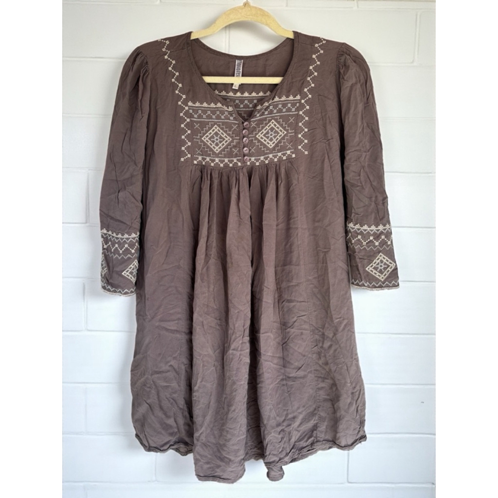 Monoreno Women's Large Brown Southwestern Embroidered Peasant Boho Tunic Top